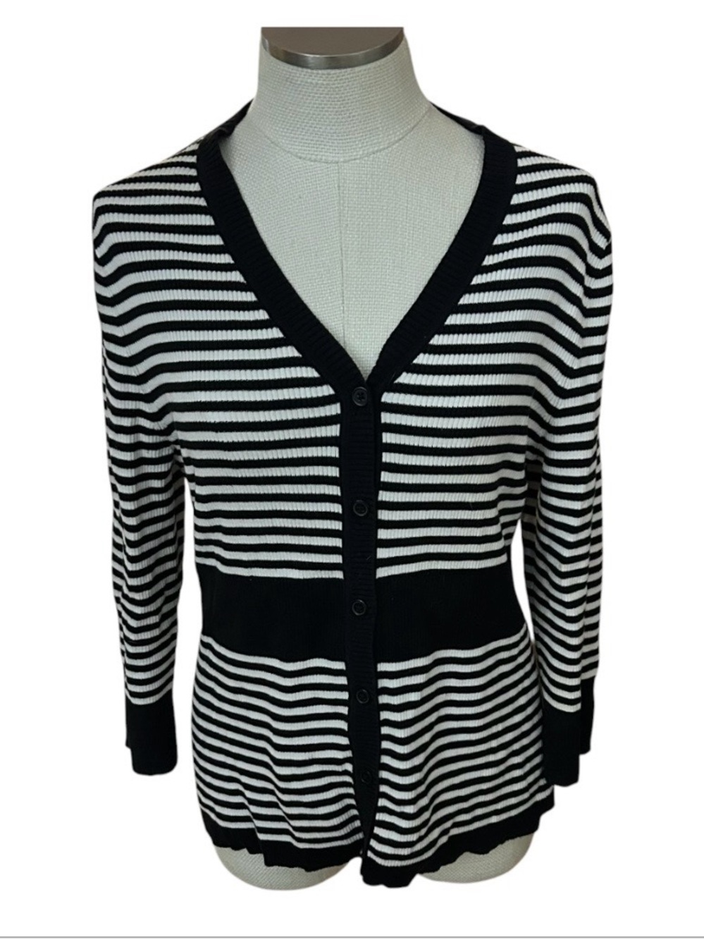 Croft & Barrow Cardigan XL Black White Stripe V Neck Button Front Preppy Office